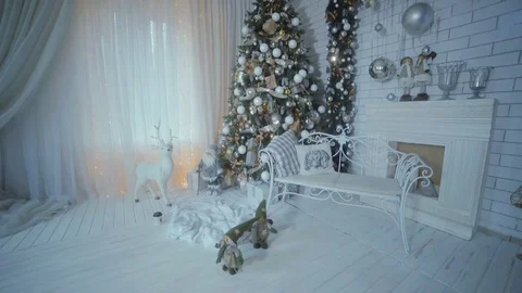 New Year's interior. Christmas tree, fireplace Stock Footage 82421719