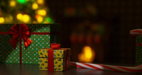 New Year's interior with gift boxes, ornaments and cozy fireplace decorations. Stock-Footage 255975937