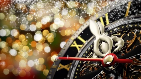 New Year's at midnight - Old clock with stars snowflakes and holiday lights. 4K Stock Footage 97513860