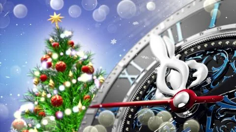 New Year's at midnight - Old clock with stars snowflakes and holiday lights. Illustrazione stock