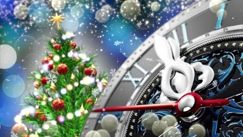 New Year's at midnight - Old clock with stars snowflakes and holiday lights. Stock Illustration