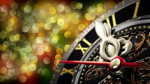 New Year's at midnight - Old clock with stars snowflakes and holiday lights. 4K Illustrazione stock