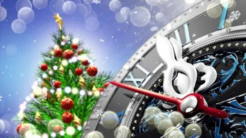 New Year's at midnight - Old clock with stars snowflakes and holiday lights. Stock Illustration