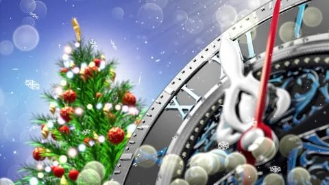 New Year's at midnight - Old clock with stars snowflakes and holiday lights. Stock Illustration