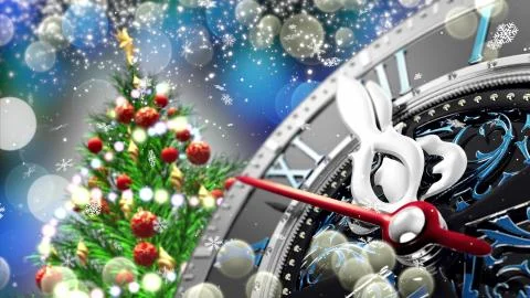 New Year's at midnight - Old clock with stars snowflakes and holiday lights. 스톡 일러스트