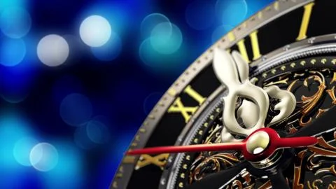 New Year's at midnight - Old clock with stars snowflakes and holiday lights. Illustrazione stock