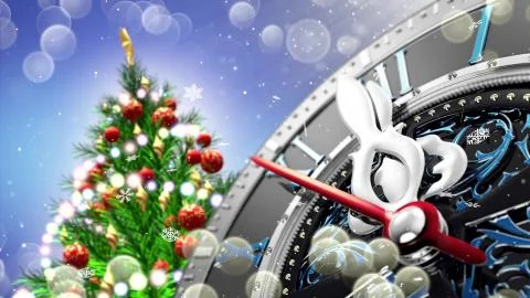 New Year's at midnight - Old clock with stars snowflakes and holiday lights. Stock Illustration