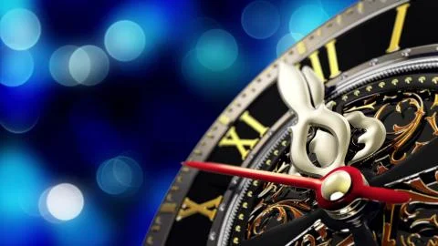 New Year's at midnight - Old clock with stars snowflakes and holiday lights. Illustrazione stock