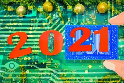 New Year's numbers on electronic components. 3D rendering. Stock Illustration