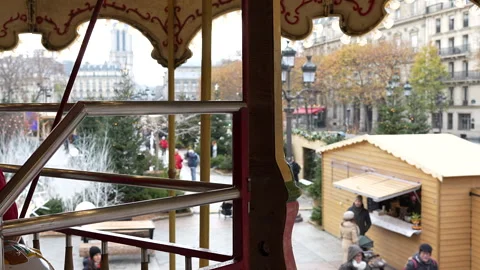 New Year's Paris Carousel Illuminates Square near Hotel de Ville 12.11.2022 Video stock 284649564