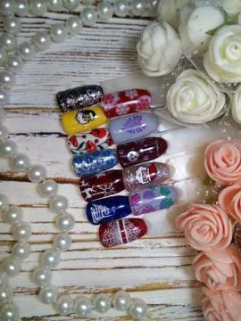 New Year's pattern on artificial nails Stockfoto's