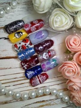 New Year's pattern on artificial nails Stock Photos