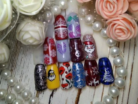 New Year's pattern on artificial nails Stockfoto's