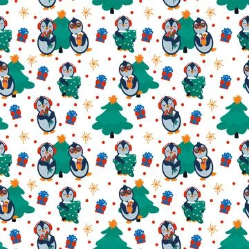 New Year's pattern with penguins and Christmas trees. Festive animals doodle Stock Illustration