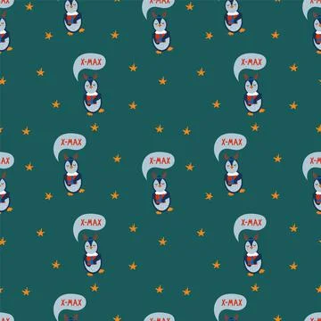 New Year's pattern with penguins and an inscription. Festive animals with Stock Illustration