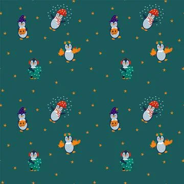 New Year's pattern with penguins. Festive animals for New Year's textiles. Stock Illustration