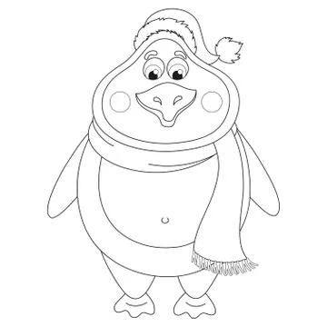 New Year's penguin in winter hat and scarf, coloring book page Stock Illustration