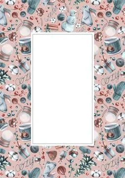 New Year's rectangular vertical card of watercolor illustrations COZY WINTER 스톡 일러스트