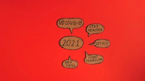 New years resolutions 2021 written on cartoon bubbles on the red background. Video stock 142825151