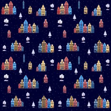 New year's seamless pattern with Christmas houses. Stock Illustration