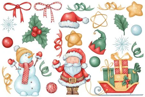 New Year's set with Christmas elements and characters: snowman, Santa Claus, Stockillustratie