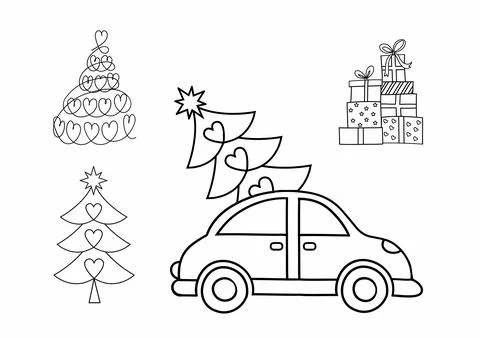 New Years set linear car image, gifts, Christmas tree Stock Illustration