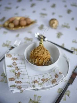 New Year's table setting in gold tones Stock Photos