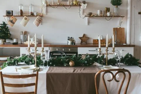 New Year's table setting. Waiting for Christmas. Stock Photos