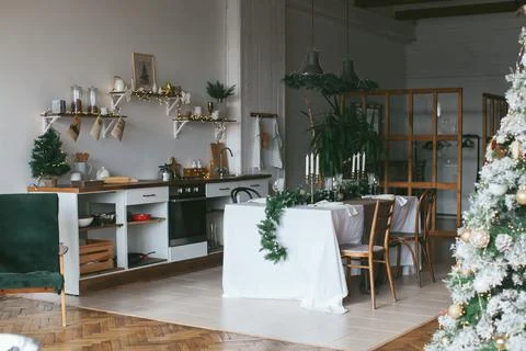 New Year's table setting. Waiting for Christmas. Stock Photos