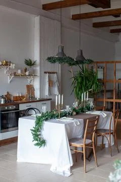 New Year's table setting. Waiting for Christmas. Stock Photos