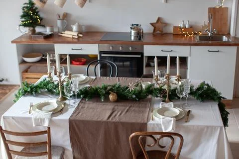 New Year's table setting. Waiting for Christmas. Stock Photos
