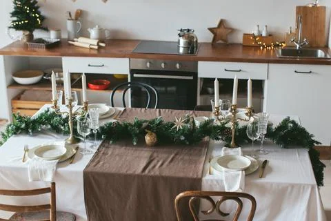 New Year's table setting. Waiting for Christmas. Stock Photos