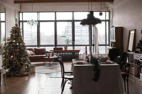 New Year's table setting. Waiting for Christmas. Stock Photos