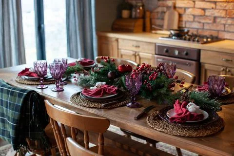 New Year's table setting. Waiting for Christmas. Stock Photos