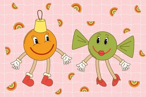 New Year's tree decorations in cartoon retro groovy style.Vector illustration Stock Illustration