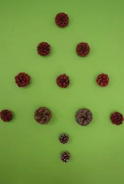 New Year's tree made of pine cones on a green background. Minimalistic flat l Stock Photos