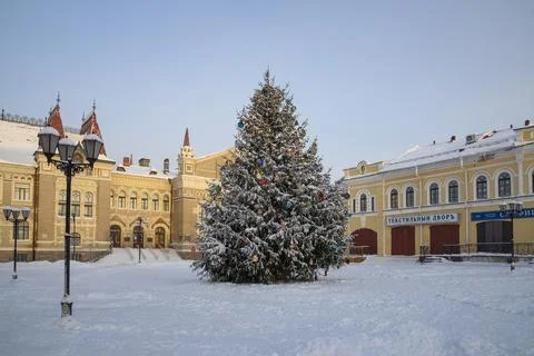New Year's tree on Red Square. The historical center of the city of Rybinsk Stock Photos