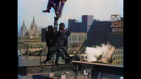 New York, 1906: Construction Workers Hang From Crane | Colorized Stock Footage 241702256