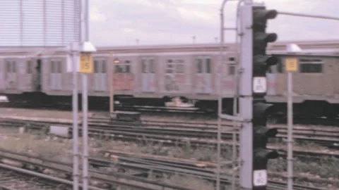 New York - 1978: old classical 70s design NYC subway train ride pass on tracks Stock Footage 241433453
