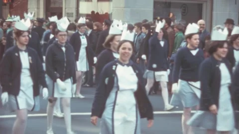 New York - 1981: Group of nurses parades down during St. Patrick's Day parade 스톡 동영상 291616394