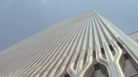 New York - 1982: Low angle close-up shot of Twin Towers building facade Stock Footage 196931154