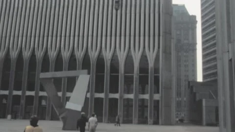 New York - 1982: Outdoor elevator for maintenance moves on facade of WTC Stock Footage 196930230