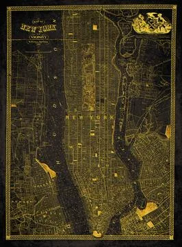 New York and Vicinity Historic Map Black And Gold Manhattan, Brooklyn, Quee.. Stock Illustration