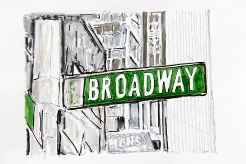 New york, broadway street sign, drawing, artist gerhard kraus, kriftel, germa Stock Illustration