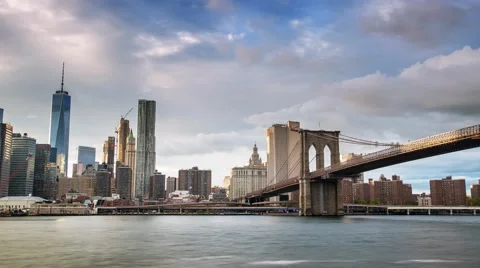 New York Brooklyn bridge Cloud sky Ferry moving Timelapse Video stock 60669886