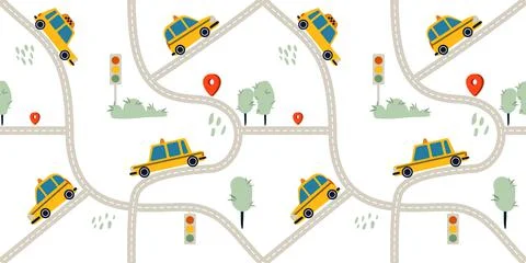 New York cab pattern. Yellow checkerboard cars and city road plan. NY traffic Stock Illustration