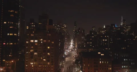 New York City aerial horizontal dolly night Manhattan buildings evening Stock Footage 140033053