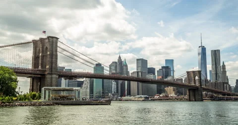 New York City Brooklyn Bridge downtown buildings skyline  time-lapse 4k Stock Footage