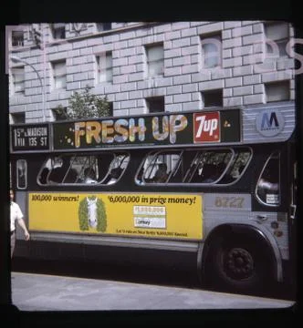 New York City Bus 7up FRESH-UP Advertisement 1970's Transportation NYC Lotto Ad Stock Photos