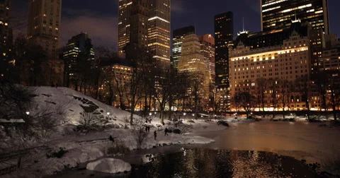 New York City Central Park in snow at night Stock Footage